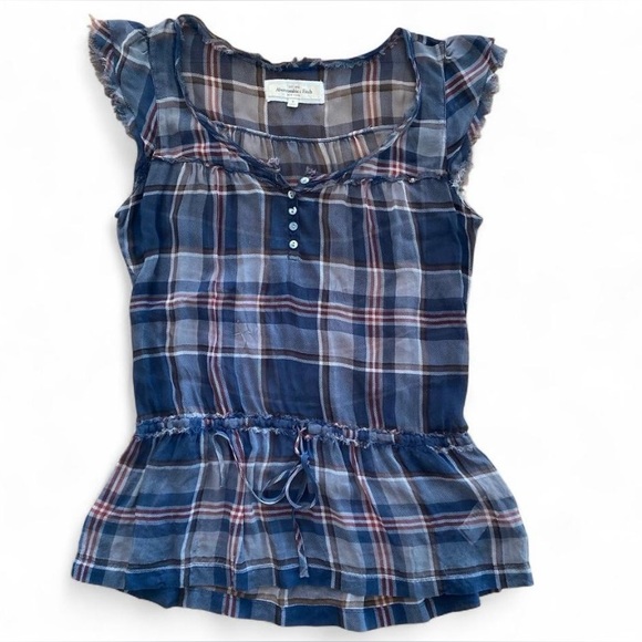Abercrombie & Fitch Sheer Plaid Drop Waist Tunic Top - Blue - Size Small - Picture 1 of 8